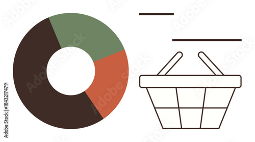 Pie chart in earthy tones and a wireframe shopping basket illustrating market trends, sales analysis, and consumer behavior. Ideal for analytics, retail, projection, business strategy, trend