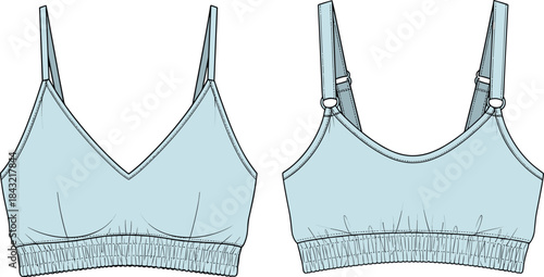 Women's blue bralette top fashion flat sketch showing front and back views isolated on white background for technical design