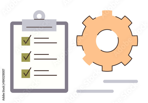 Clipboard with checklist beside a gear symbolizing task organization, process automation, and productivity. Ideal for planning, team collaboration, efficiency, workflow, management, productivity