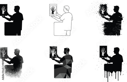 X-ray examination silhouette styles, hand scan poses, artistic diagnostic scenes, vector set, editable stroke, healthcare concept, black and white design