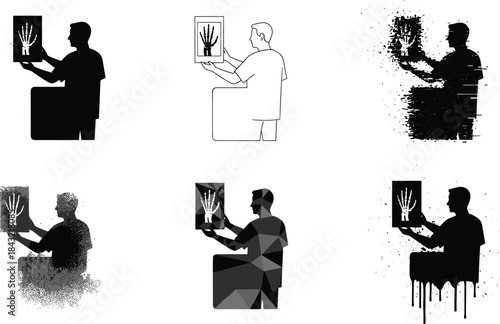 X-ray examination silhouette styles, medical diagnostic poses, artistic healthcare scenes, vector set, editable stroke, professional concept, black and white design