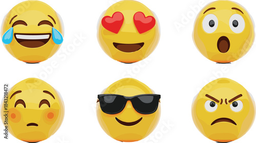 Emoji facial expression vector set featuring happy, love, surprised, cool, angry, and shy faces, colorful emoticon illustrations for chat, social media, and digital design