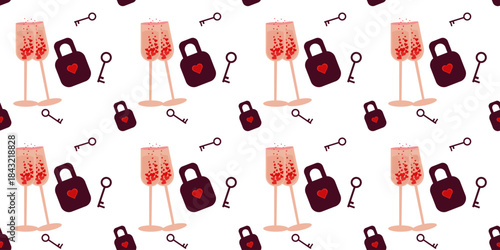 A seamless pattern of Valentine's Day elements. Glasses with hearts and a lock with a key. A day of family, love, and fidelity. Can be used as decoration and holiday packaging.