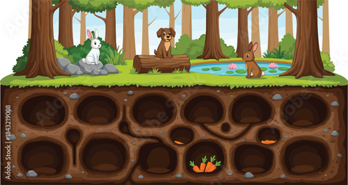 Cute forest scene vector featuring rabbits, dog, woodland trees, underground burrows, carrot storage, pond area, and detailed nature elements for children’s illustrations and educational themes