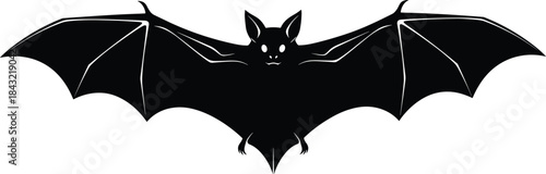 Flying bat silhouette vector illustration featuring outstretched wings, spooky Halloween style, bold black shapes, and dramatic nocturnal animal design elements