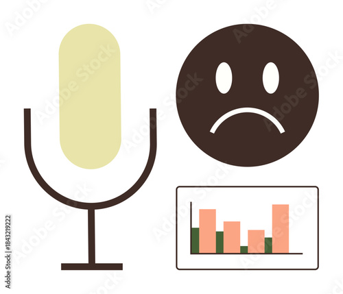 Microphone, sad face, and bar chart imply communication challenges, criticism, or audience feedback. Ideal for communication, feedback, analysis interviews emotions data challenges. Simple flat