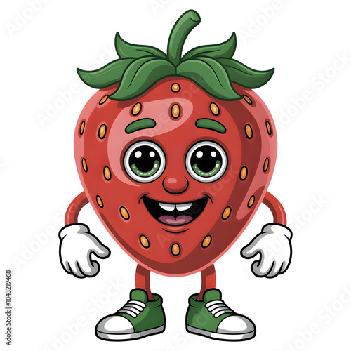 Adorable cartoon strawberry character with a big smile and green sneakers standing