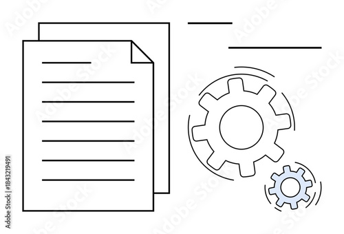 Business efficiency, workflow automation, process optimization, data management, document processing, innovation. Gear mechanisms with papers. Workflow automation and process optimization concepts