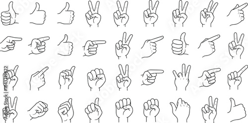 Hand gesture vector collection featuring various finger signs, thumbs-up poses, pointing hands, peace symbols, and expressive outline illustrations for communication and design projects
