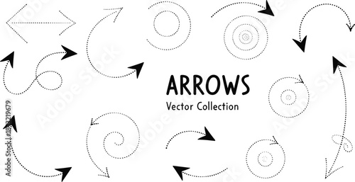 Hand-drawn doodle arrow vector collection featuring curved, spiral, dotted, and circular directional symbols perfect for presentations, infographics, notes, and creative design projects