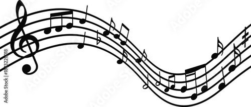 Wavy music staff with black notes and treble clef vector illustration isolated on white background for creative melody composition design