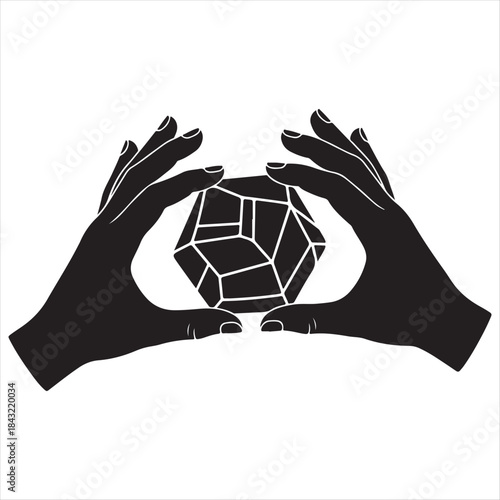 Hands holding a geometric polyhedron with intricate facets