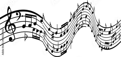 Wavy musical staff vector illustration with black notes and treble clef isolated on white background for creative melody and composition designs