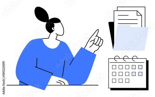 Woman pointing at folders and documents beside a calendar. Ideal for organization, scheduling, productivity, time management, planning, office tasks, and efficiency. Bold simple flat metaphor