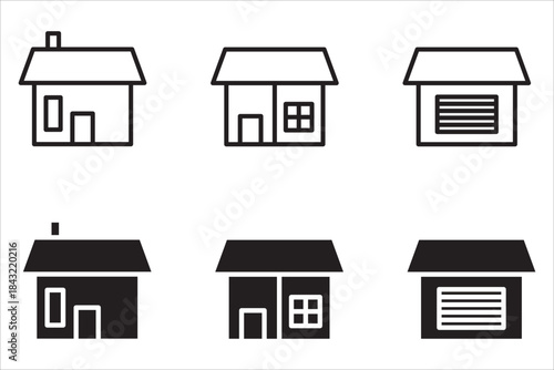 Web home icon set for websites and apps. Simple house symbol. Main page pictogram in filled, thin line, outline and stroke style. Isolated illustration.