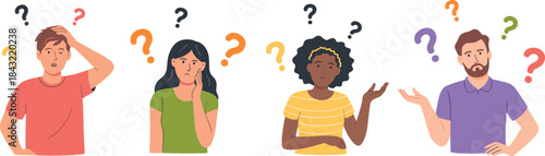 Confused diverse people with question marks, puzzled expressions, uncertainty concept, problem solving, decision making, communication challenge illustration