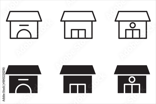 Web home icon set for websites and apps. Simple house symbol. Main page pictogram in filled, thin line, outline and stroke style. Isolated illustration.