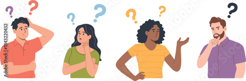 Confused people with question marks thinking and wondering, puzzled expressions, decision making, doubt, curiosity, brainstorming, problem solving concept illustration