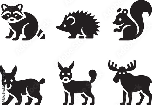 Set of animals, vector illustrations of wild and domestic animals, isolated black and white wildlife collection for nature, education, and design