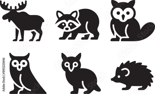 Set of animals, vector illustrations of wild and domestic animals, isolated black and white wildlife collection for nature, education, and design