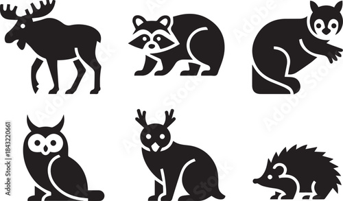 Set of animals, vector illustrations of wild and domestic animals, isolated black and white wildlife collection for nature, education, and design