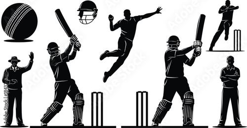 Cricket silhouette vector set, sports action illustration, batsman and bowler clipart, umpire icons, black graphic shapes, game design