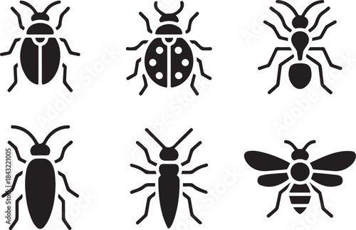 Insect silhouette or vector illustration — isolated black and white of beetle, butterfly, bee, ant, and other insects for nature and entomology