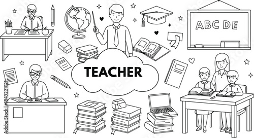 Teacher and education vector illustration set featuring classrooms, students, books, school tools, academic symbols, and outlined learning elements for educational designs and projects