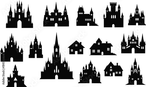 Castle and house silhouette vector set, fantasy architecture icons, spooky building clipart, black graphic shapes, reflection design, gothic style