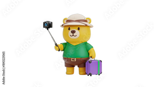 Adorable Yellow Cartoon Bear Character Dressed in Safari Outfit with Hat Holding Camera on Selfie Stick and Purple Suitcase Ready for Adventure