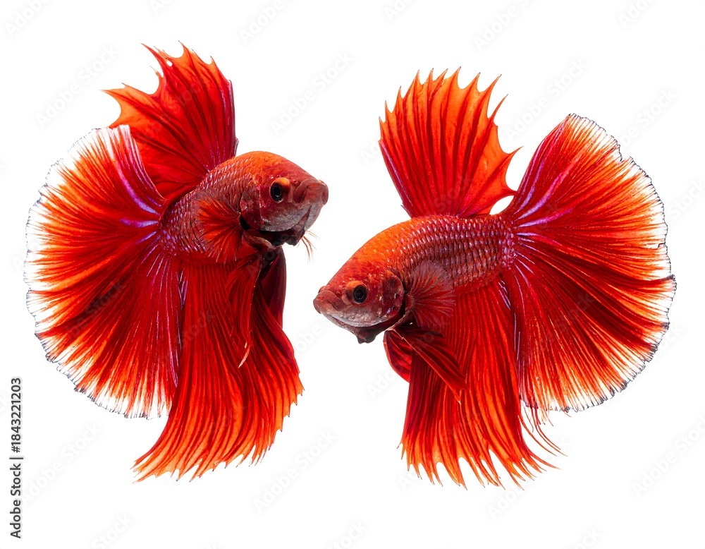 Obraz premium Two vibrant red betta fish, fins wide