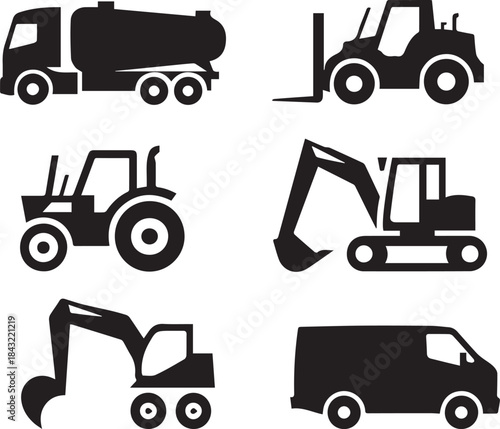 Set of trucks, vector illustrations of cargo, delivery, pickup, dump, tanker, and transport trucks, isolated black and white or color vehicle collection
