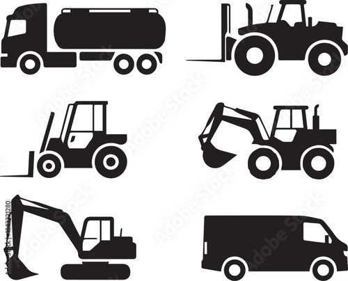 Set of trucks, vector illustrations of cargo, delivery, pickup, dump, tanker, and transport trucks, isolated black and white or color vehicle collection