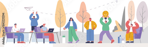 Creative teamwork in modern office with diverse people, idea sharing, celebration, autumn outdoor coworking space, productivity and collaboration concept