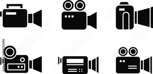 Video camera icon set vector illustration, black cinema camcorder silhouette collection for movie film production, digital studio recording equipment symbol isolated on white background
