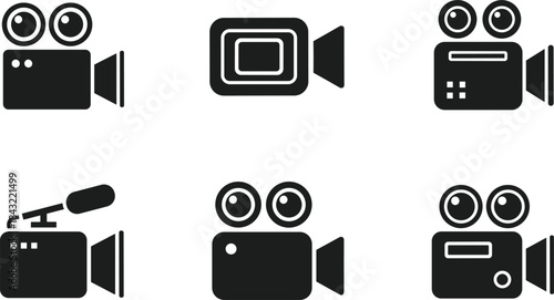 Video camera icon set vector illustration, black cinema camcorder silhouette collection for movie film production, digital recording studio symbol isolated on white background design