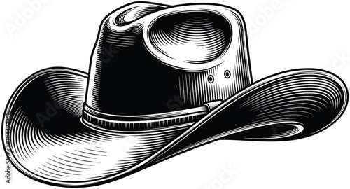 Vintage cowboy hat vector illustration in woodcut style black and white engraving isolated on white background for western ranch logo design element symbol art