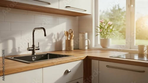 Modern Kitchen Interior with Stainless Steel Faucet, Wood Countertops, and Natural Light