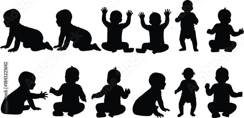 Baby silhouette vector, infant movement poses, crawling and sitting illustration, child development graphic, cad drawing flat vector illustration