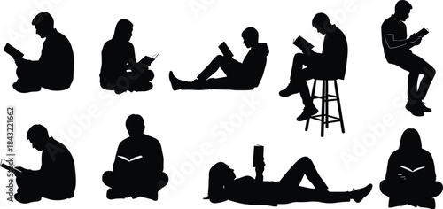 Reading silhouette vector, seated and reclined poses, book lover illustration, study posture graphic, cad drawing flat vector illustration