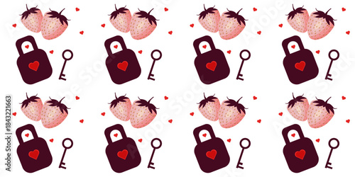 A seamless pattern of Valentine's Day elements. Strawberries and a castle, feelings under lock and key. The pattern can be used as holiday decor or packaging.