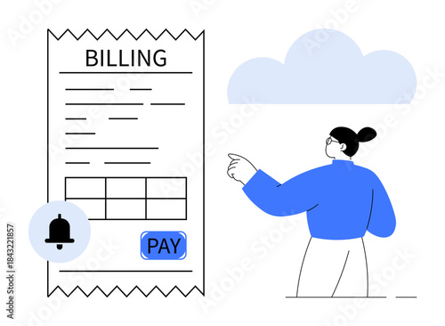 Financial management, online shopping, payment reminders, digital transactions, e-commerce, cloud services. A person pointing at a billing document with a notification bell icon. Financial management
