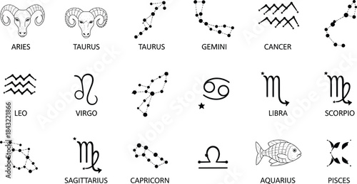 Zodiac sign vector collection featuring astrology symbols, star constellations, horoscope icons, and celestial illustrations representing all twelve zodiac signs in a clean graphic style