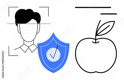 Identity security, biometrics, health awareness, cybersecurity, digital verification, wellness balance. Visual of facial recognition frame, security shield and a minimal apple illustration. Identity