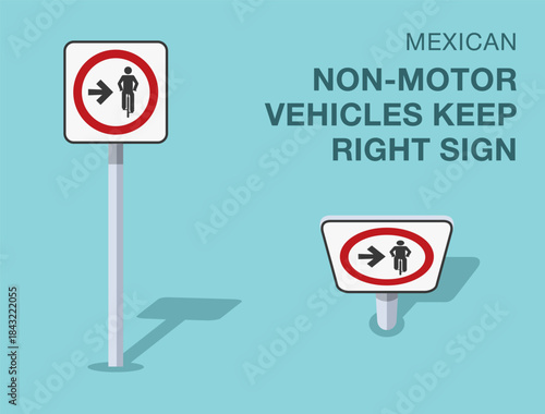 Traffic regulation rules. Isolated mexican "non-motor vehicles keep right" road sign. Front and top view. Flat vector illustration template.
