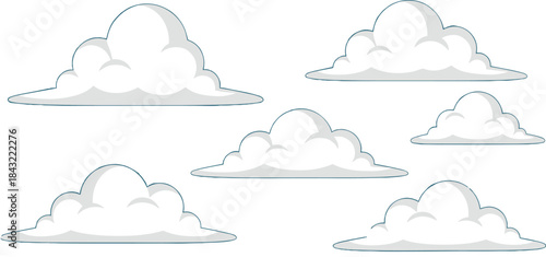 Cartoon cloud vector collection featuring soft fluffy sky clouds, minimal weather elements, clean outlines, and simple atmospheric designs for backgrounds, illustrations, and UI projects