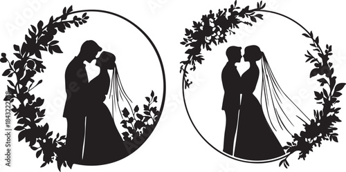 Fashion vector silhouettes of wedding couples and stylish women in bridal dresses
