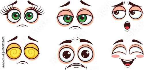 Cartoon facial expression vector set featuring expressive eyes, emotional characters, adorable reactions, cute animated faces, and playful illustration elements for stickers and emoji designs