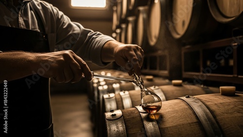 Traditional Alcohol Fermentation Process in Wooden Casks at Winery Storage