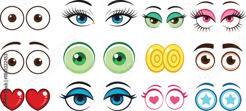 Cartoon eyes vector collection featuring expressive eye styles, cute emoji designs, colorful pupils, eyelashes, heart eyes, and playful character facial elements for illustrations and stickers